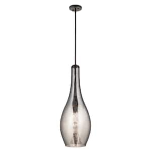 Everly 29.5 in. 1-Light Olde Bronze Transitional Shaded Kitchen Teardrop Pendant Hanging Light with Mercury Glass