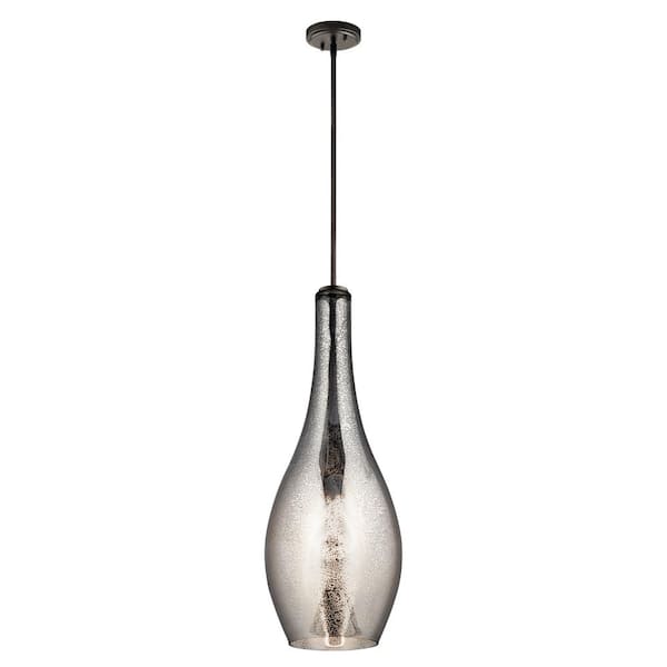 KICHLER Everly 29.5 in. 1-Light Olde Bronze Transitional Shaded Kitchen Teardrop Pendant Hanging Light with Mercury Glass
