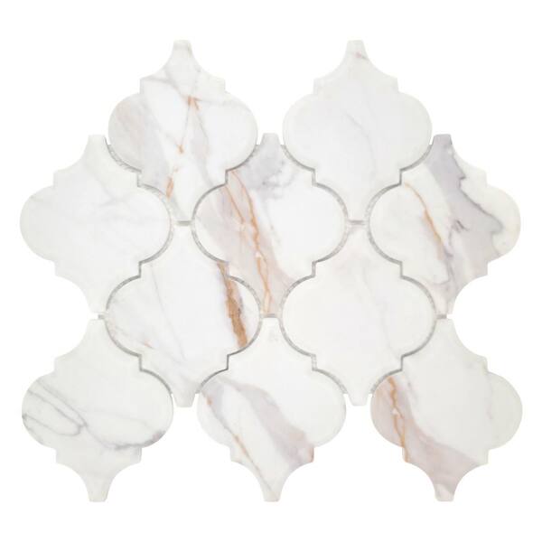 sunwings Gold Calacatta 3D Arabesque 9" x 10" Recycled Glass Marble Looks Backsplash Floor and Wall Mosaic Tile (6.29 sq ft/Box)