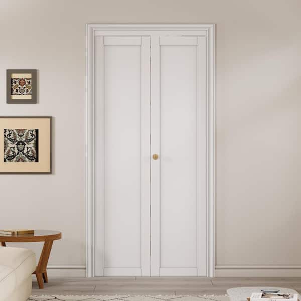 36 in. x 80 in. 1 Lite Solid Core Panel White Primed Composite MDF Interior Closet Bi-fold Door with Hardware Kit