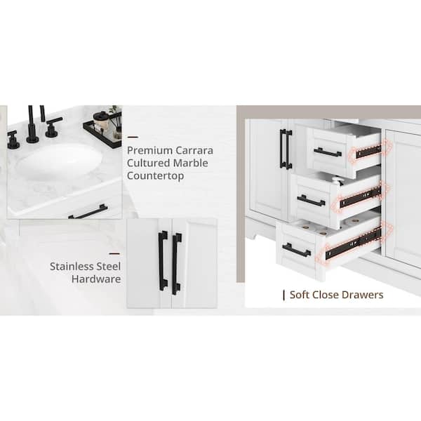 Washington 60 in. W x 21.5 in. D x 35 in. H Double Sink Freestanding Bath Vanity in White with White Carrara Marble Top