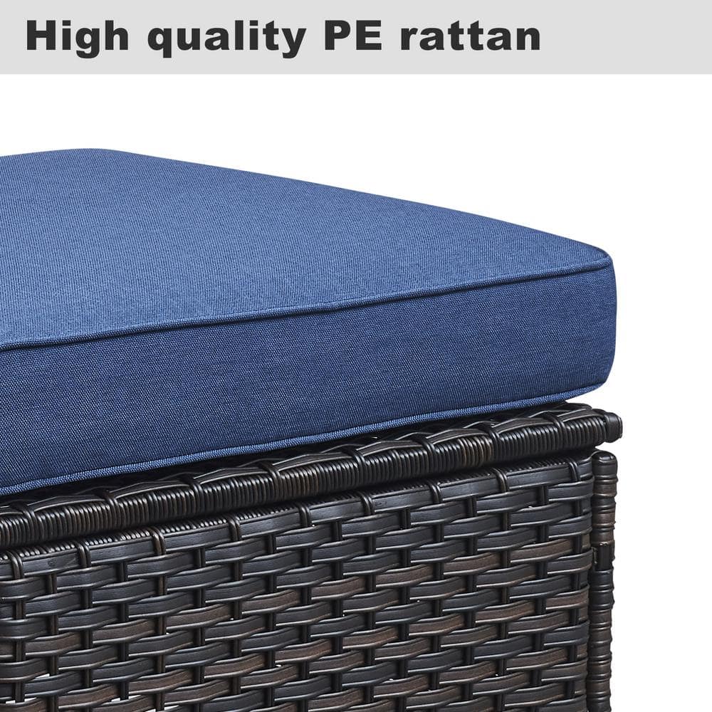 Carolina Brown Steel Wicker Outdoor Ottoman with Blue Cushions