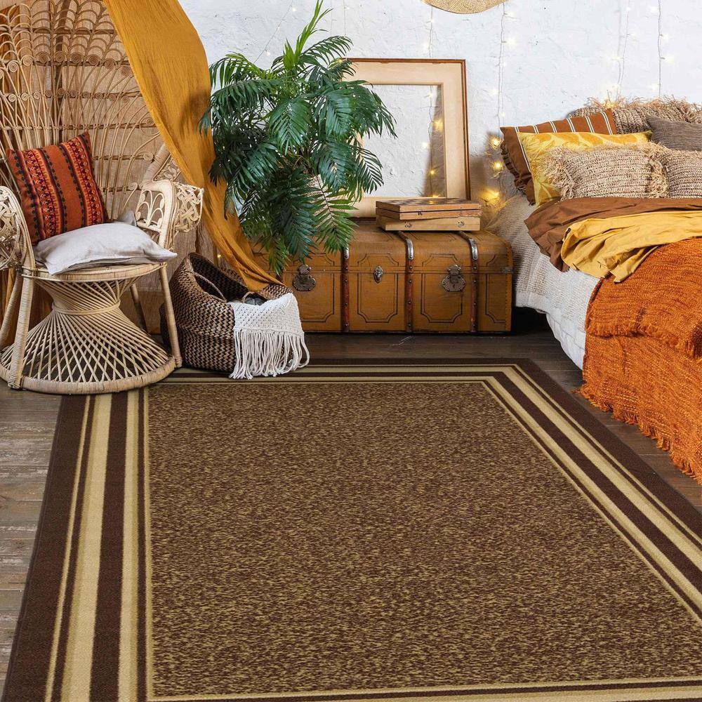 Brown and Beige Bordered Non-Slip Synthetic Area Rug