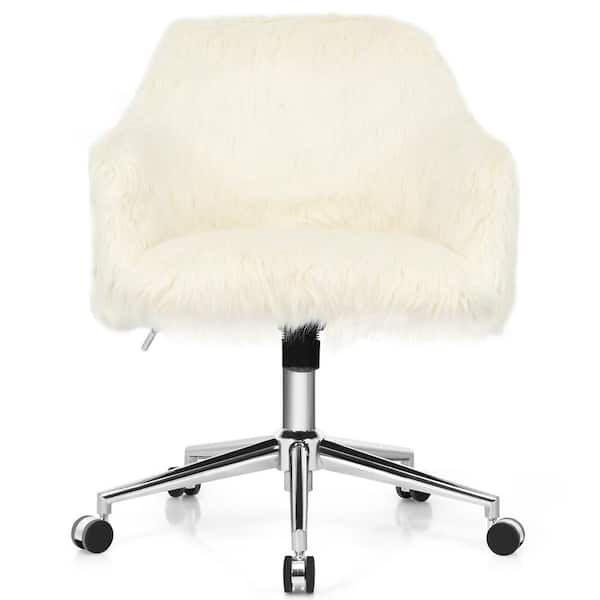 Costway Faux Fur Swivel Office Chair Adjustable Task Chair Fluffy Vanity Chair Beige Office Chairs