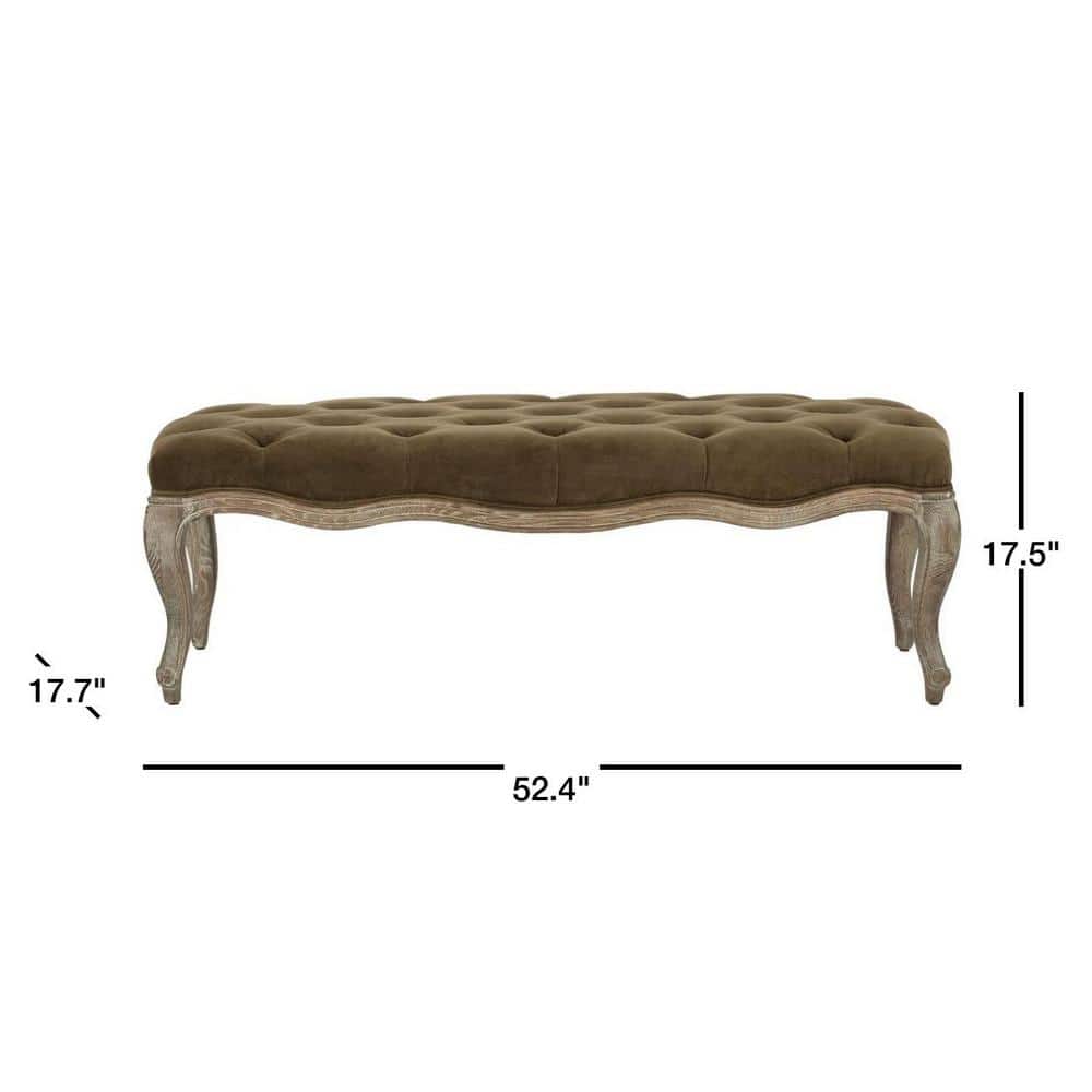 Transitional Spruce Green Velour 52" Ramsey Bench with Carved Oak Frame