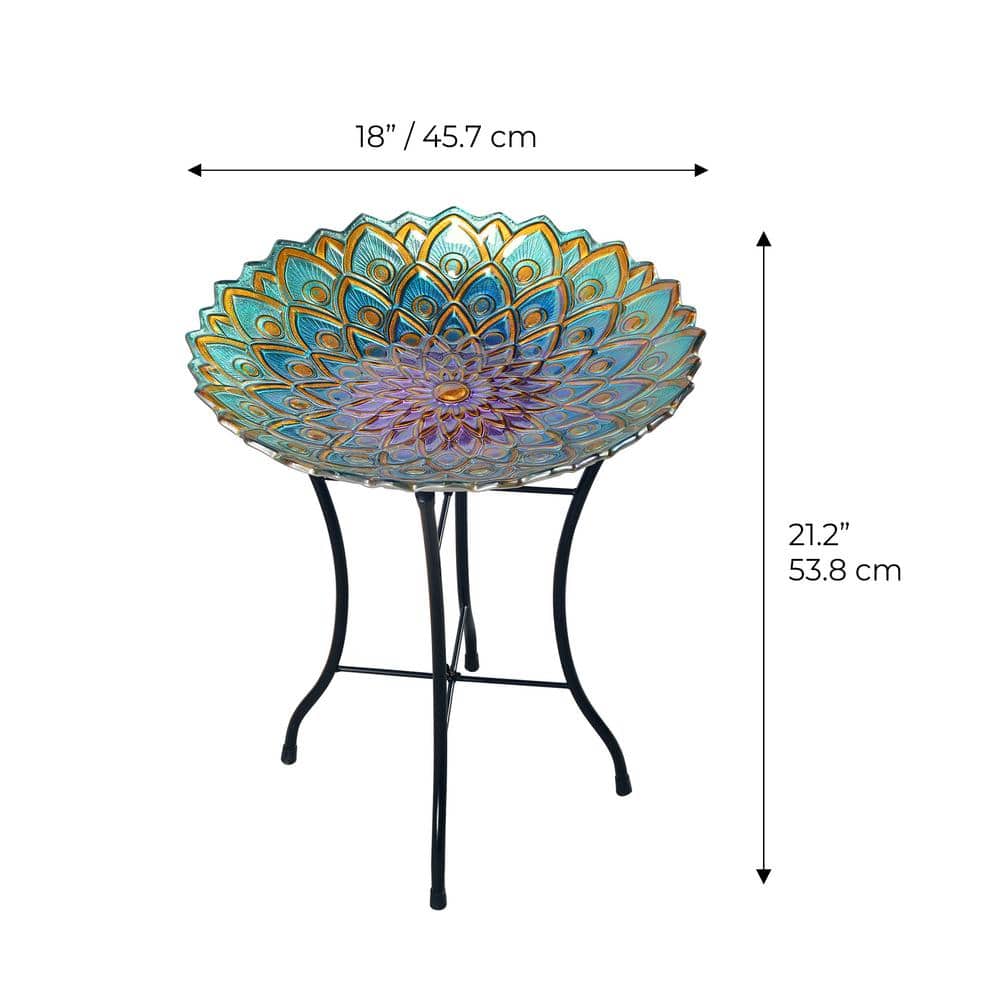 18" Multicolor Mosaic Glass Bird Bath with Metal Stand
