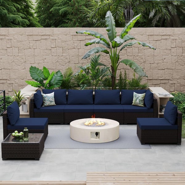 PATIO WATCHER 8-Piece Wicker Patio Conversation Set with Cushions and 42 in. Outdoor Round Fire Pit Table, Navy Blue Cushions