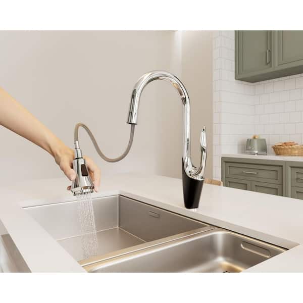 Single-Handle 18 in. H Pull Down Sprayer Kitchen Faucet with 360° Spout Swivel and Dual Spray in Chrome and Black