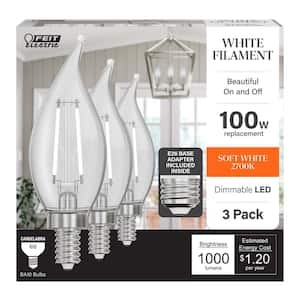 100W Equivalent BA10 E12 Candelabra Dim White Filament Clear Glass Chandelier LED Light Bulb, Soft White 2700K (3-Pack)