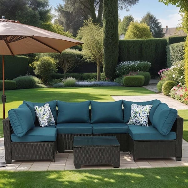 Zeus & Ruta 7-Piece Wicker Outdoor Rattan Sectional Sofa Set with Table and Peacock Blue Cushions for Backyard