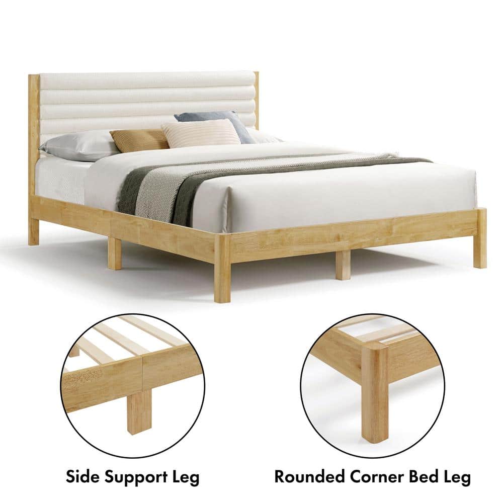 Natural Queen Platform Bed with Boucle Upholstered Headboard