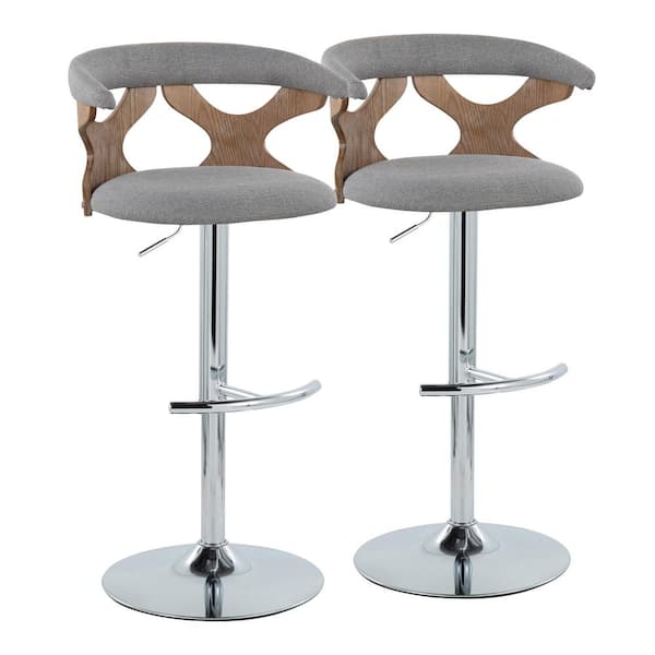 Lumisource Gardenia 32.5 in. Light Grey Fabric, White Washed Wood and Chrome Metal Adjustable Bar Stool (Set of 2)