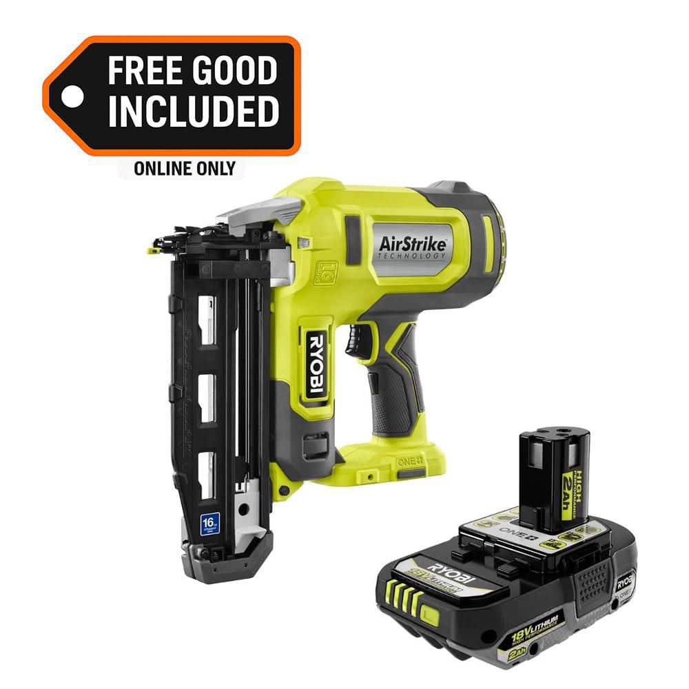 RYOBI ONE+ 18V AirStrike 16-Gauge Cordless Finish Nailer with FREE 2.0 Ah HIGH PERFORMANCE Battery (P326PBP003)