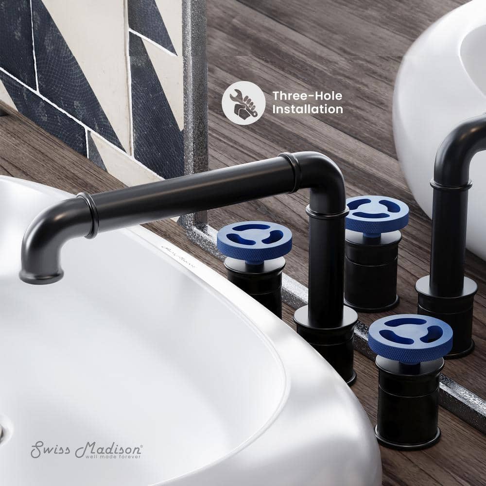 Swiss Madison Avallon Matte Black 8" Widespread Bathroom Faucet with Blue Handles