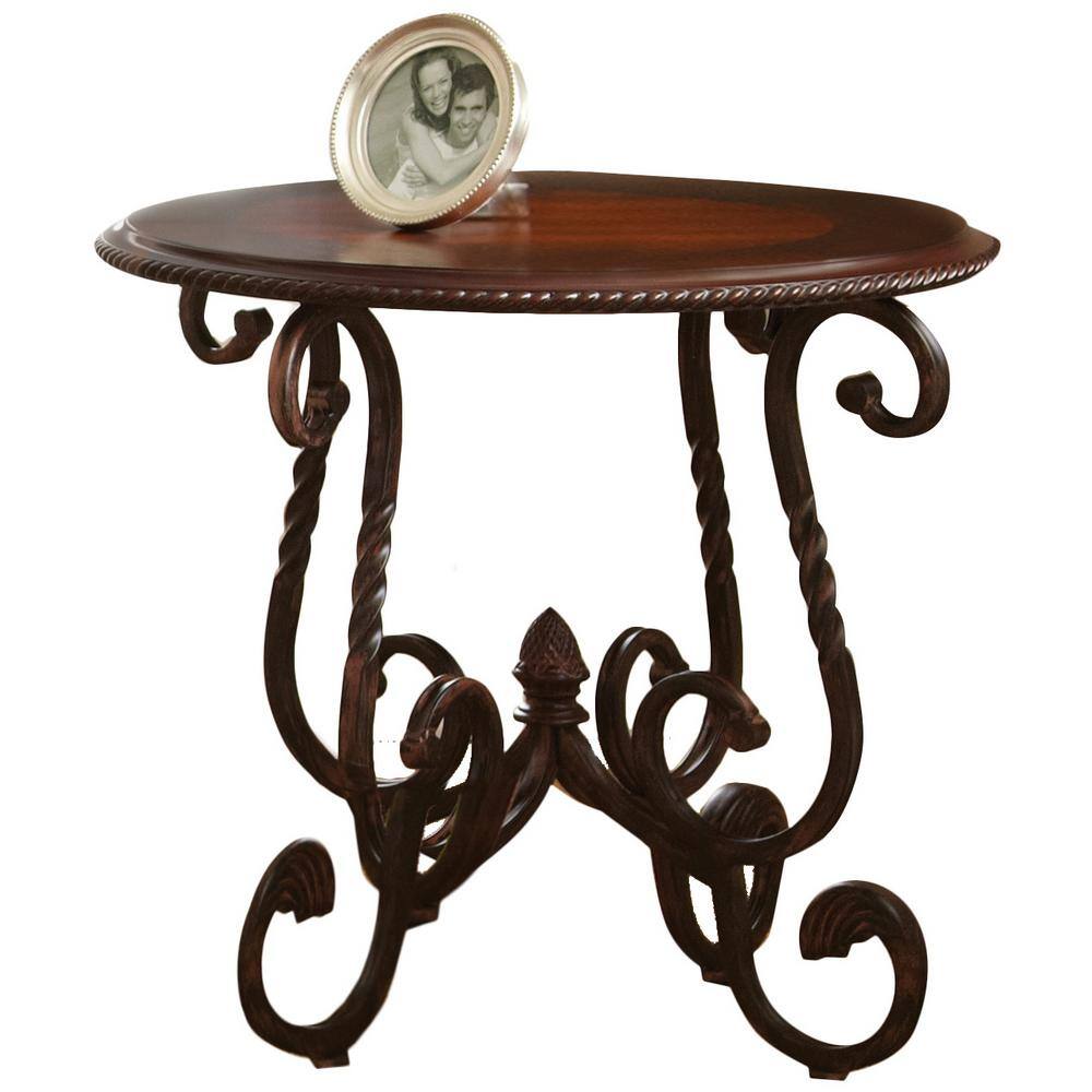 Crowley Round Cherry Wood and Metal End Table