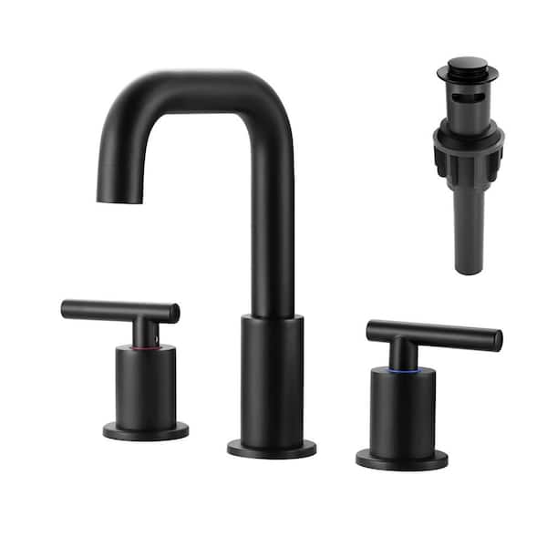 ALEASHA 8 in. Widespread Double Handle High Arc Bathroom Faucet with Drain Kit in Matte Black