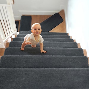 Soft Plush Dark Gray 9.5 in. x 30 in. x 1.2 in. Bullnose Indoor Stair Tread Cover Tape Free Non-slip Carpet Set of 14