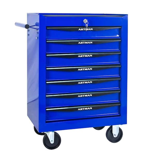 13 in. W 7 Drawer Rolling Metal Black and Blue Tool Carts w/ Ball Bearing Drawer Slides & Steel Tool Storage Organizer