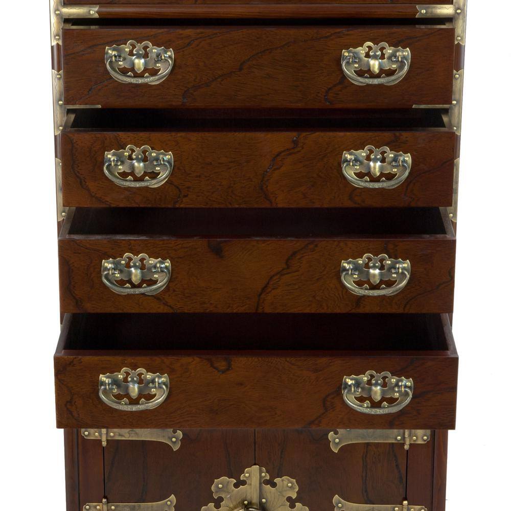 Dark Brown Elm Wood Antique Style Chest with Brass Fittings