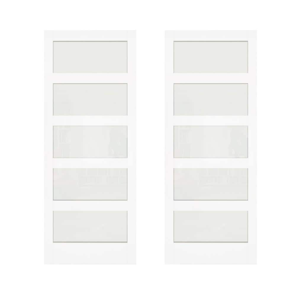 48 in. W. x 80 in. Double 24 in. Doors MDF Wood White, 5-Panel, Frosted Glass, Pantry Door Panels Slab Sliding Door -  TENONER, SLAB-wgbl24*2