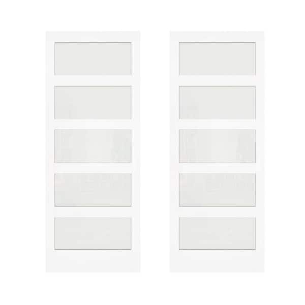 TENONER 48 in. W. x 80 in. Double 24 in. Doors MDF Wood White, 5-Panel, Frosted Glass, Pantry Door Panels Slab Sliding Door