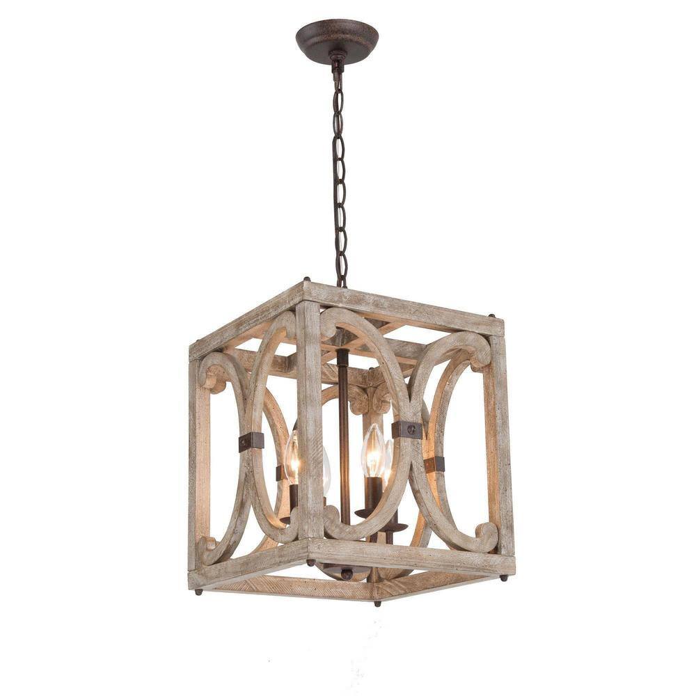 4-Light Farmhouse Island Chandelier with Metal and Wood Shades, Ideal for K