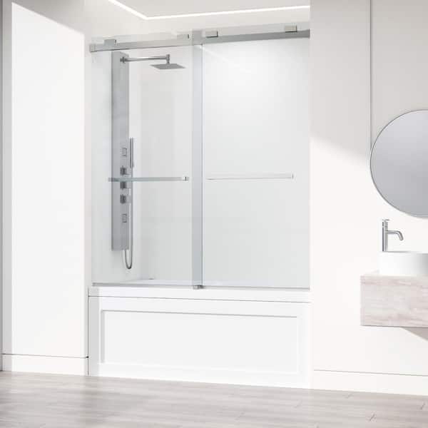 VIGO Houston 56 to 60 in. W x 66 in. H VMotion Sliding Frameless Tub Door in Stainless Steel with 3/8 in. (10mm) Clear Glass