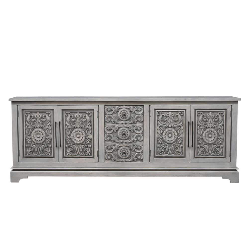 "106"" Gray Distressed Solid Wood Buffet Carved Floral Three Drawer Sideboard with Four Doors" price history on PriceWatchPro