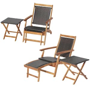 4-Piece Wicker Patio Conversation Set Rattan Folding Lounge Chair Table with Retractable Footrest