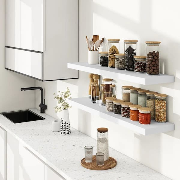 48 in. W x 9.3 in. D White Manufactured Wood Wall Mounted Floating Decorative Wall Shelves (2-Pack)