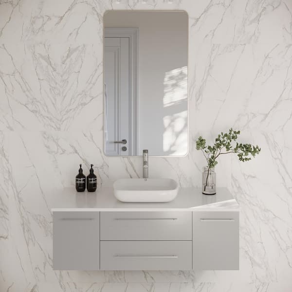 Lucera 48 in. Single Sink Wall Mount Floating Gray Bath Vanity with White Quartz Top and Vessel Ceramic Sink
