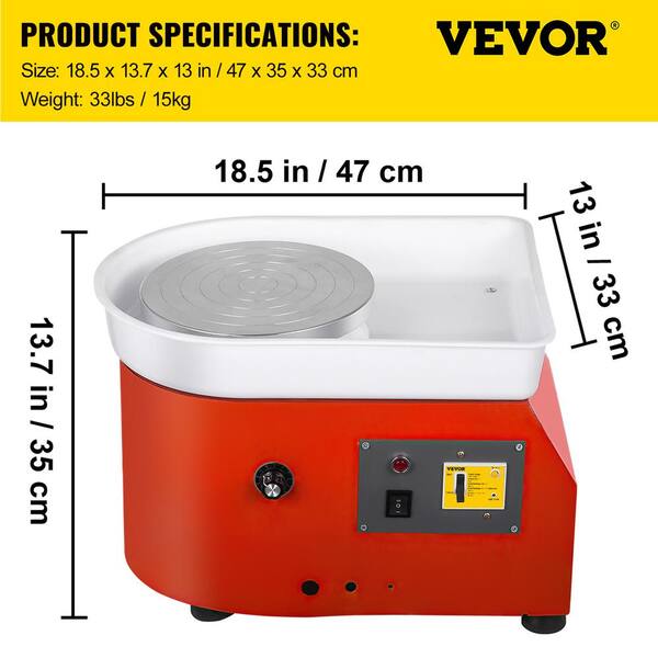 VEVOR 9.8 in. Red Pottery Wheel 350-Watt Electric DIY Clay Tool with Rotation Control and ABS Basin for Ceramic Work Art Craft