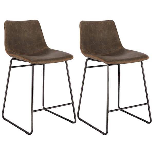 AmeriHome Leisure Chair 24 in. Faux Coffee Leather, High Back, Black Steel Bar Stool (Set of 2)