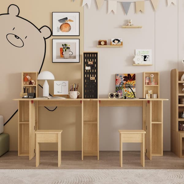 70.98 in. Rectangular Oak 2-Drawer Desk with Foldable Worktop, Hidden Stools, and Wall-Mounted Pegboard Storage