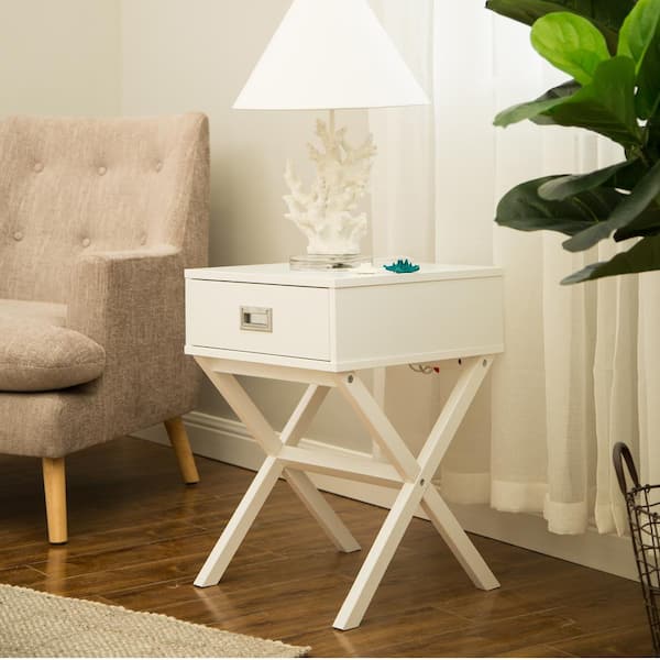 Glitzhome 21.85 in. White Wood Modern Square Shape X-Side Table with Drawer