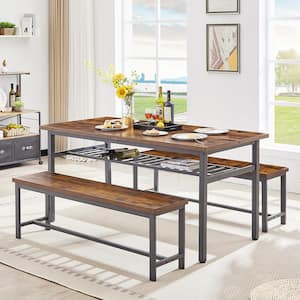 3-Piece Rustic Brown Upgrade Oversized Kitchen Dining Table Set with 2 Benches for Home Kitchen, Dining Room (Seats 6)