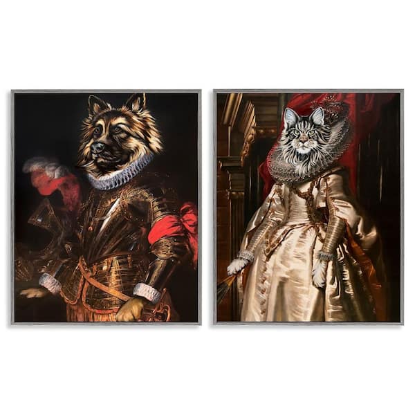 Stupell Industries Royal Garb Dog and Cat by Carolee Vitaletti 2 Pieces Gray Framed Animal Giclee Art Print 20 in. x 16 in.