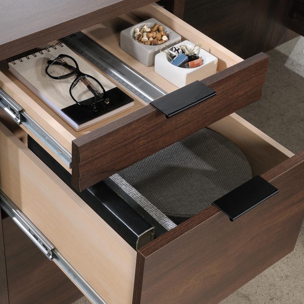 Gray Wood L-Shaped Computer Desk with Drawer and Filing Cabinet