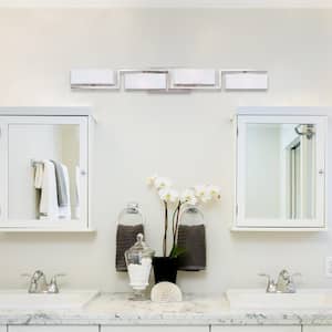 Meridian 33.75 in. 4-Light Satin Platinum Retro Vanity with White Opal Glass Shades