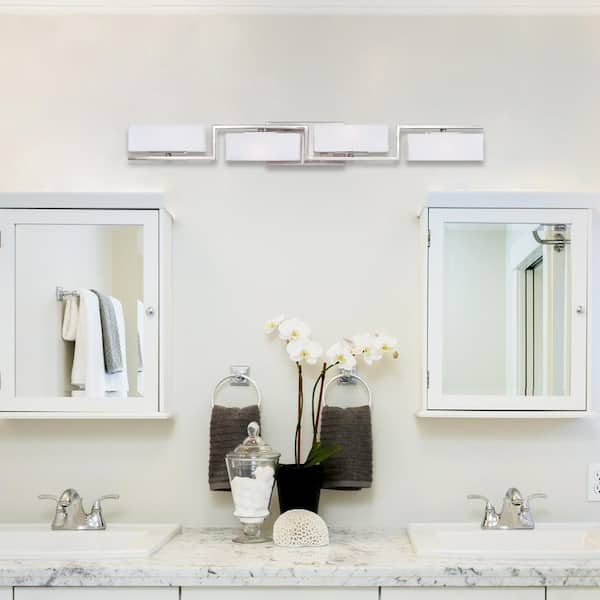 Meridian 33.75 in. 4-Light Satin Platinum Retro Vanity Light with White Opal Glass Shades
