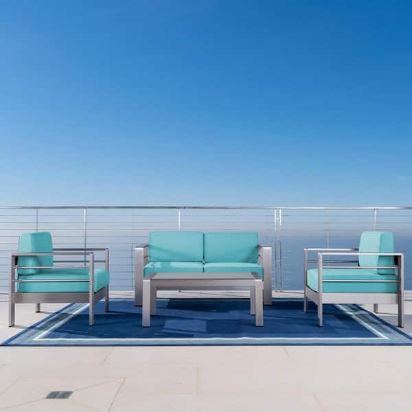 Noble House 4-Piece Metal Patio Conversation Set with Sunbrella Canvas Aruba Cushions