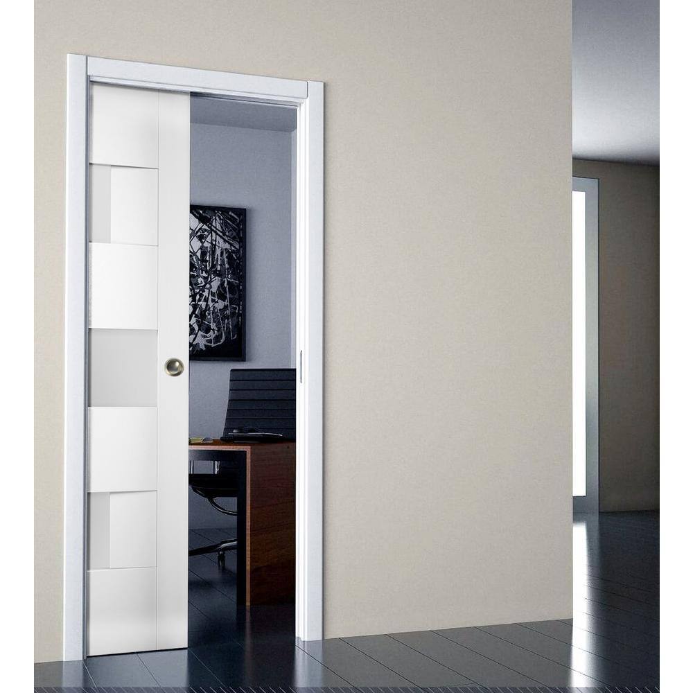 White Silk MDF Sliding Pocket Door with Opaque Glass and Rail Hardware