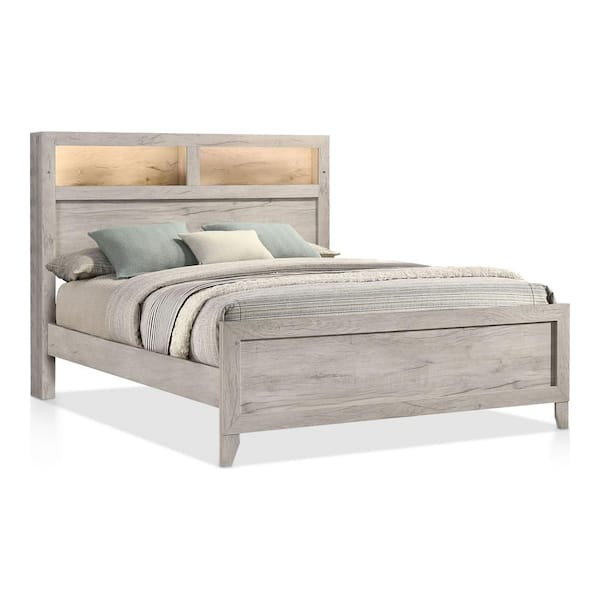 Furniture of America Jasper White Wood Frame Full Panel Bed with Headboard Shelves and LED Lights