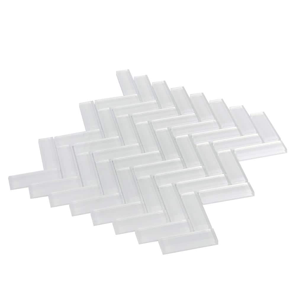 Ice White Herringbone Polished Glass Mosaic Tile 11" x 12.6"