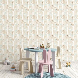 Tiny Tots 2-Collection Beige/Turquoise/White Glitter Finish Kids Koala Bear Theme Non-Woven Paper Wallpaper Roll