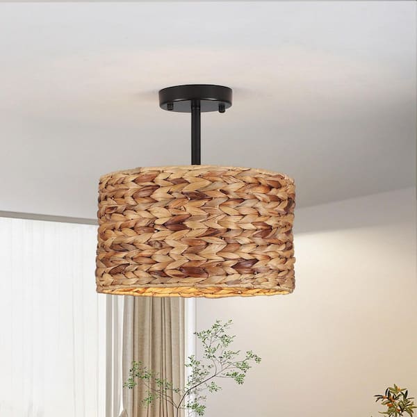 12.5 in. 1-Light Black Modern Semi-Flush Mount Ceiling Light Fixture with Rattan Shade