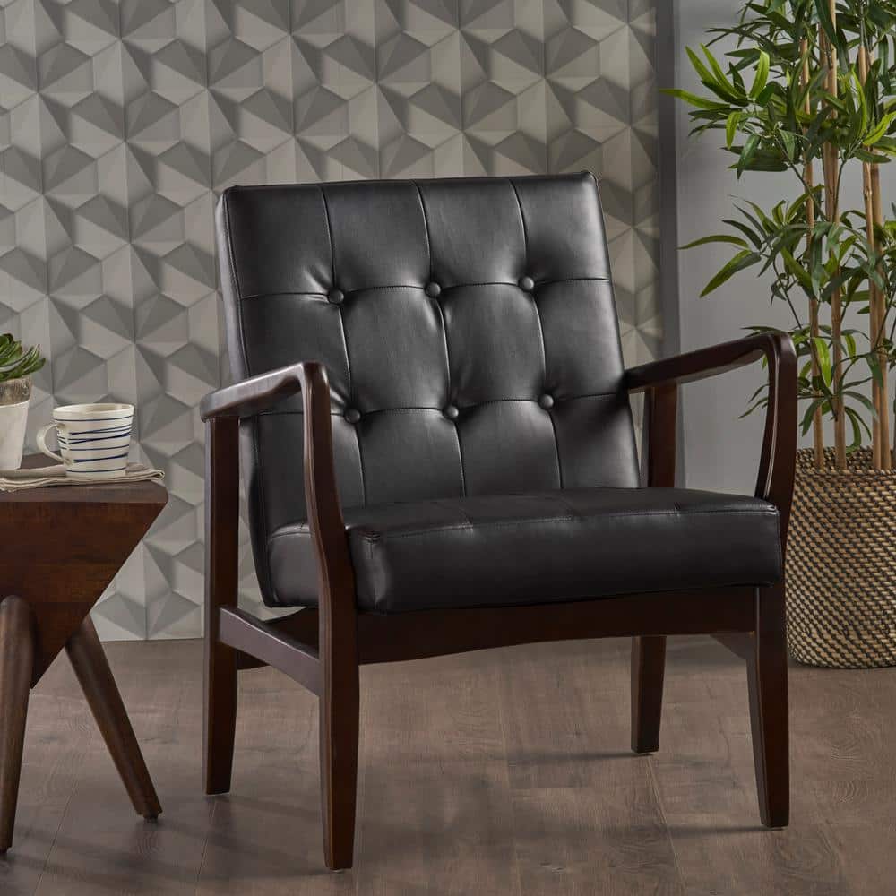 Black Faux Leather and Birch Wood Mid Century Modern Accent Chair