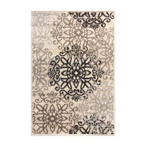 4 ft. x 6 ft. Tan Gray and Black Floral Medallion Stain Resistant Area Rug