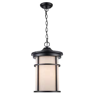 Avalon II 17 in. 1-Light Black Outdoor Pendant Light Fixture with Frosted Glass