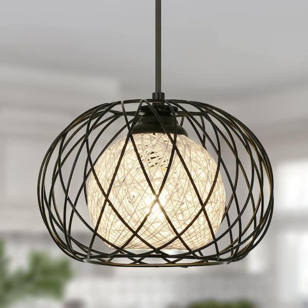 Jasslynn 9.44 in. 1-Light Black Double Cage Pendant Light with Metal and Rattan Shade, Modern Farmhouse Island Light